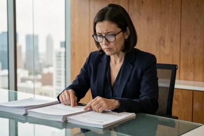 Femme professionnelle en costume marine examinant des documents de prêt garanti dans un bureau moderne