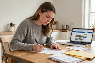 Femme remplissant un formulaire de changement d'adresse administratif à une table en bois dans un appartement