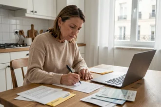 Femme remplissant un formulaire de changement d'adresse à la maison avec des courriers administratifs sur la table