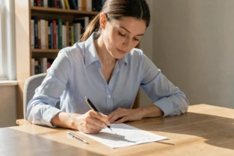 Femme remplissant un formulaire de demande d'aide au logement Action Logement à son bureau
