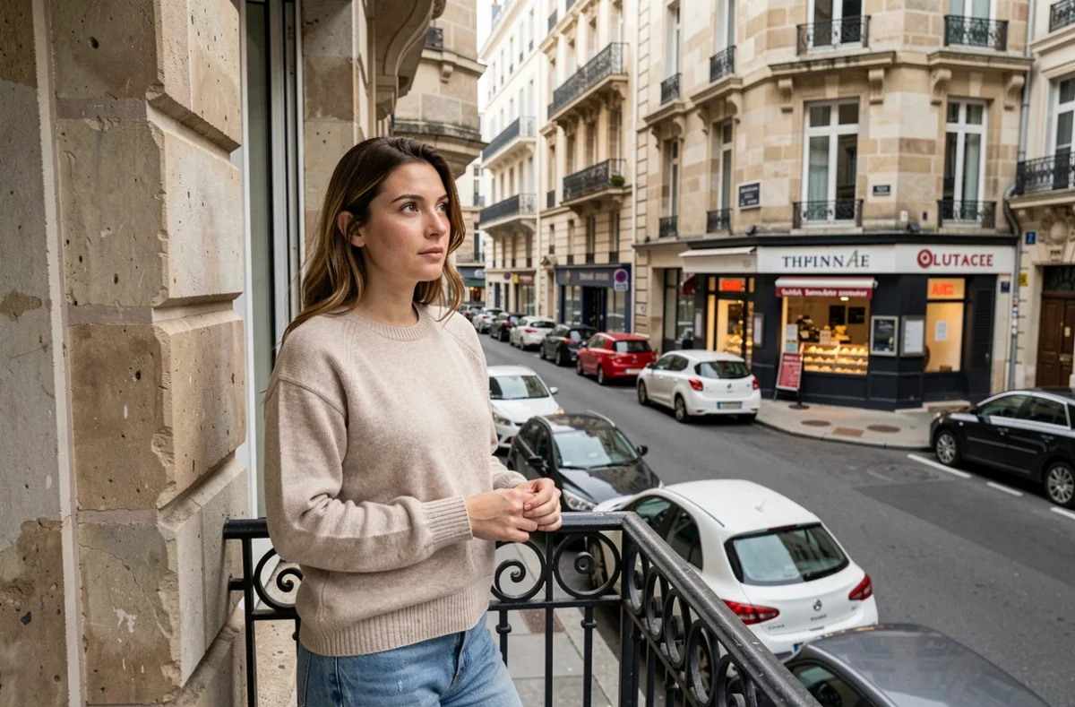 Femme seule sur le balcon d'un immeuble résidentiel français observant la rue en ville, illustrant la location immobilière en France