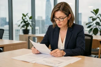 Femme professionnelle en blazer marine signant un document de cautionnement dans un bureau moderne