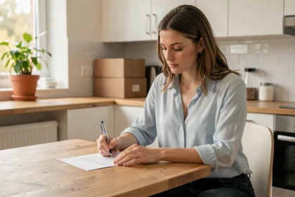 Femme rédigeant une lettre de préavis de départ à son propriétaire à la table de sa cuisine avec des cartons de déménagement en arrière-plan
