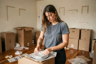 Femme seule en train d'emballer ses affaires dans des cartons lors d'un déménagement en solo
