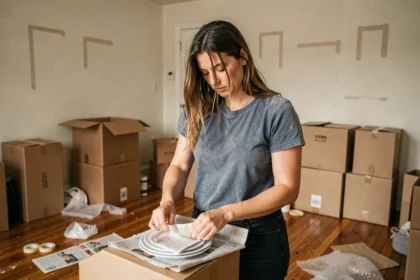 Femme seule en train d'emballer ses affaires dans des cartons lors d'un déménagement en solo