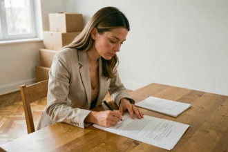 Femme signant un état des lieux dans un appartement vide lors d'une remise de clés