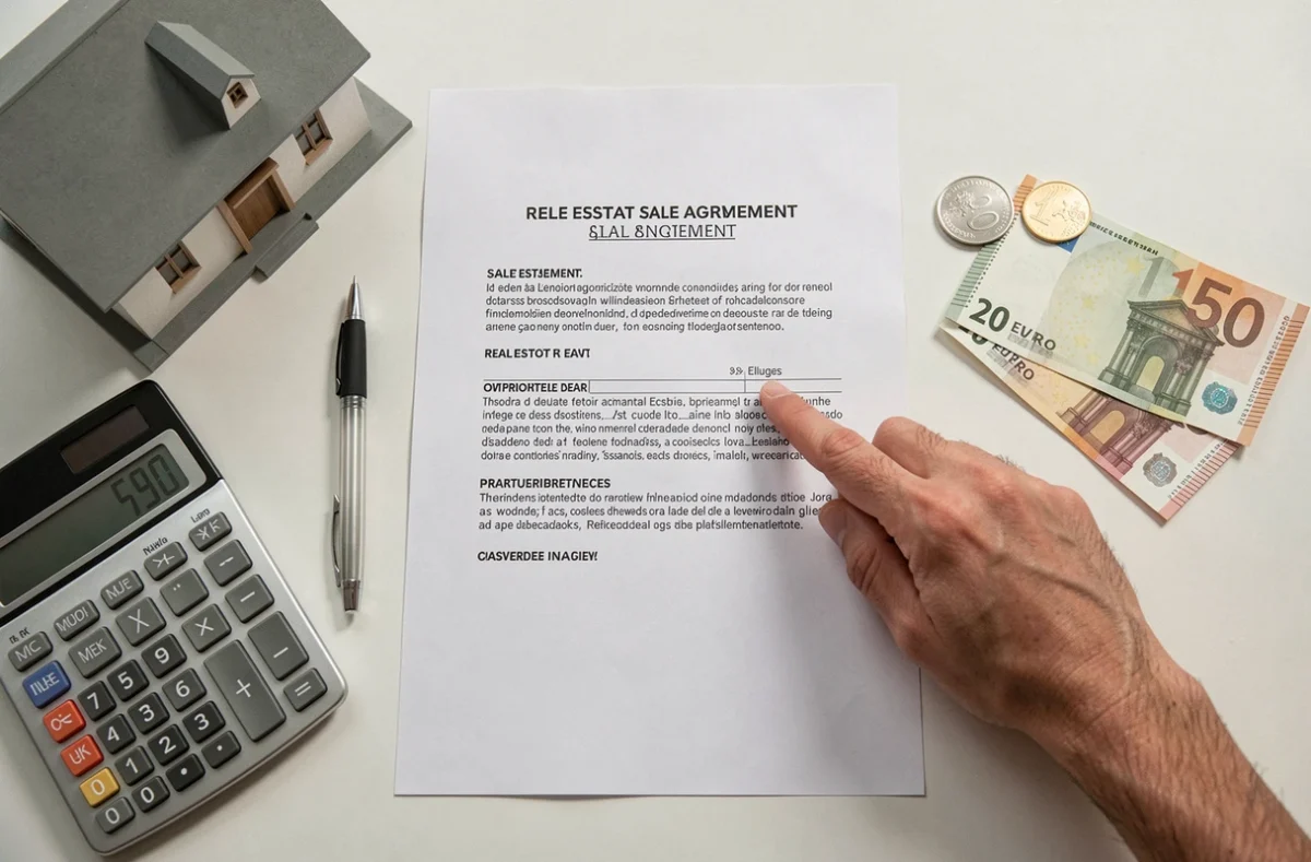 Vue aérienne d'un bureau avec un contrat immobilier, une calculatrice et des pièces symbolisant les frais de notaire à réduire