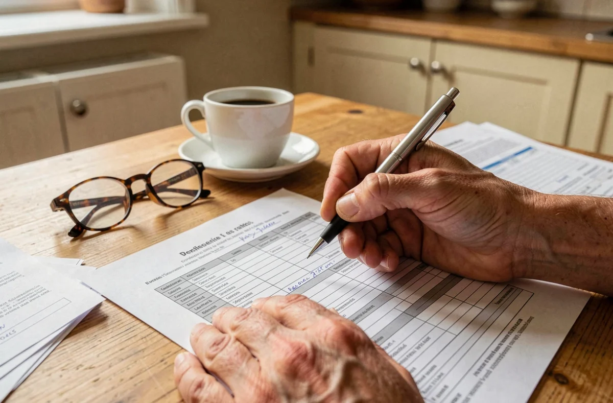 Des mains remplissant un formulaire de déclaration fiscale Censi-Bouvard posé sur une table en bois avec des documents immobiliers