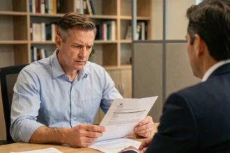 Un homme examine des documents de prêt avec un conseiller bancaire pour comprendre les frais de remboursement anticipé