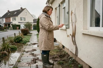 Femme devant sa maison inondée inspectant les dégâts après une catastrophe naturelle