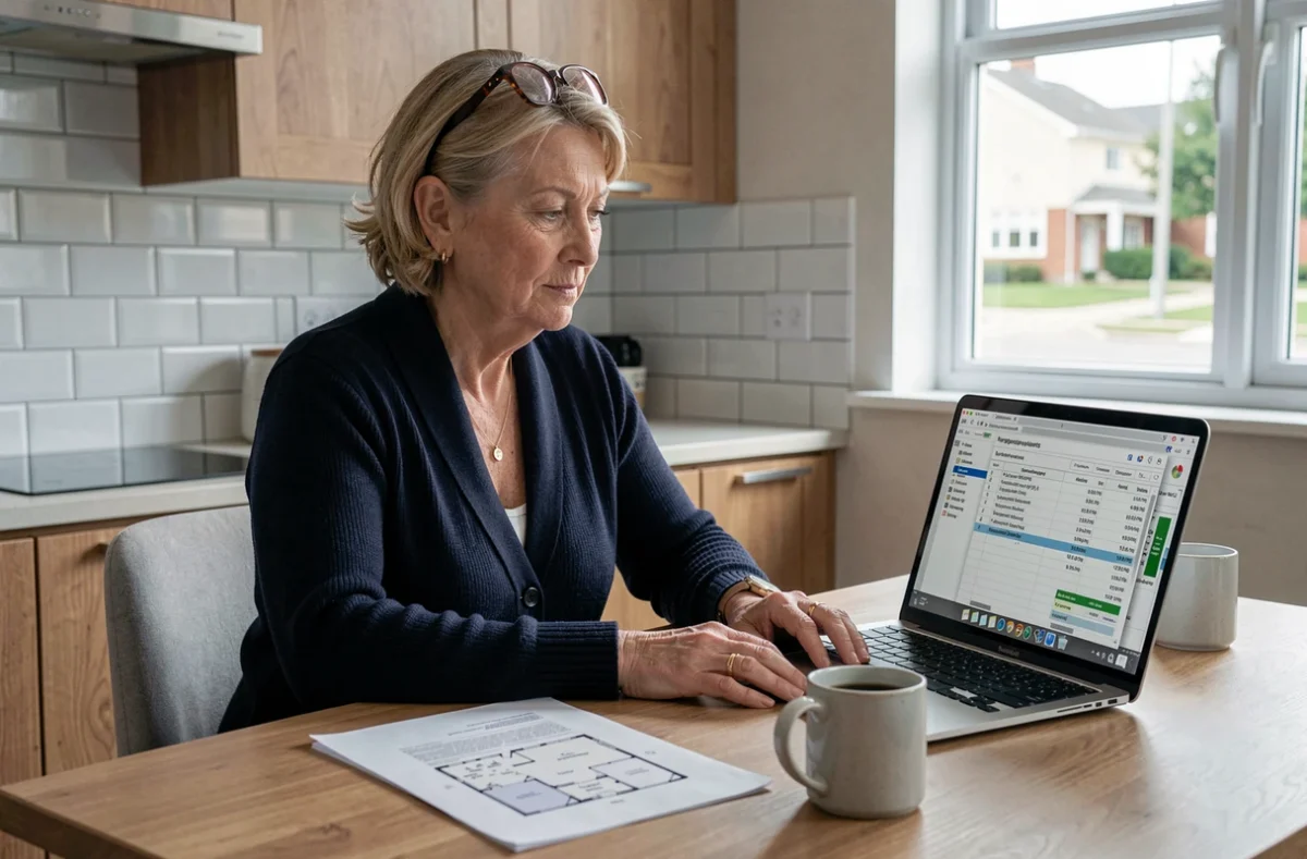 Une femme gère seule les documents financiers d'une indivision immobilière depuis son domicile avec un ordinateur portable