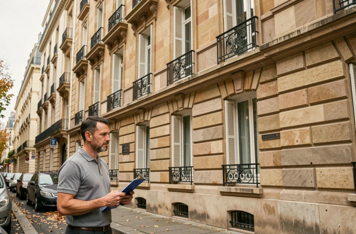 Gestionnaire de biens immobiliers inspectant la façade d'un immeuble locatif pour évaluer les charges déductibles