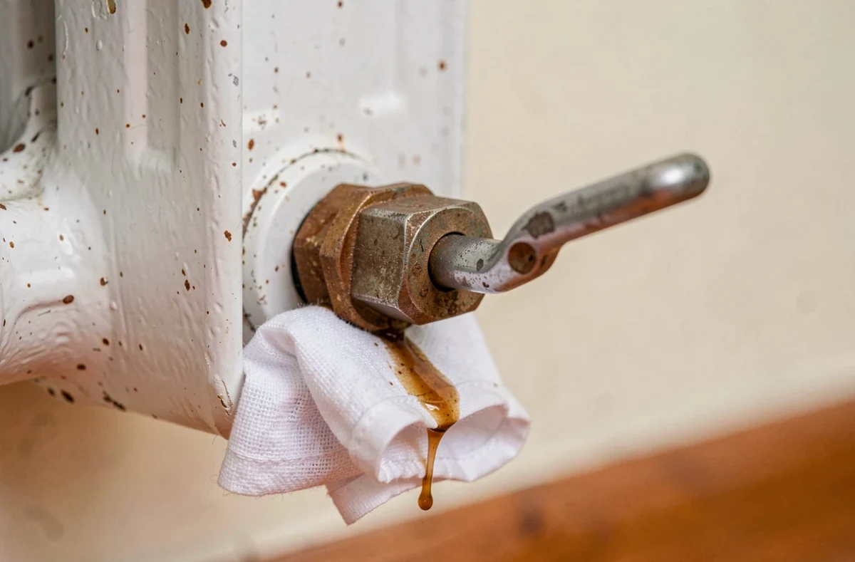 Gros plan sur une clé de purgeur insérée dans la valve d'un vieux radiateur en fonte avec un chiffon absorbant