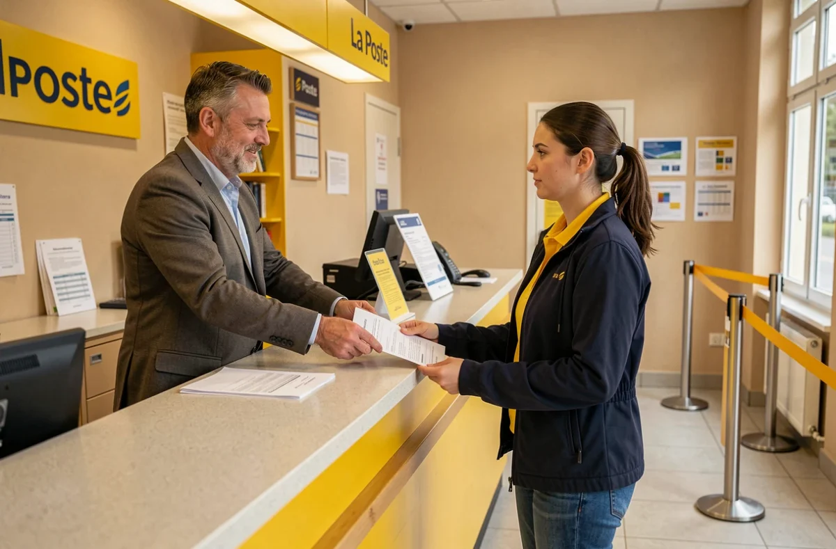 Homme déposant un formulaire de changement d'adresse au guichet d'un bureau de poste en France
