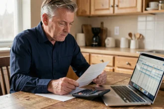 Homme de 40 ans qui examine ses documents de prêt bancaire et calcule ses mensualités à la maison