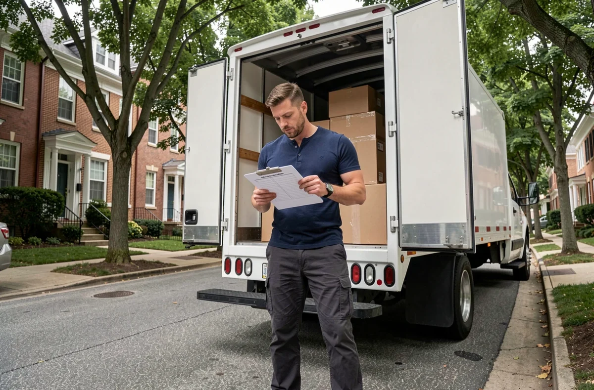 Homme vérifiant une liste devant un camion de déménagement dans une rue résidentielle