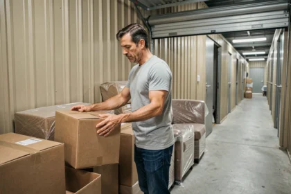 Homme empilant des cartons dans un garde-meuble self-stockage propre et organisé