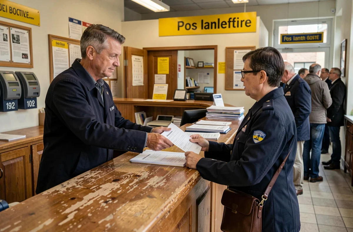 Homme déposant un formulaire de changement d'adresse au guichet d'un bureau de poste