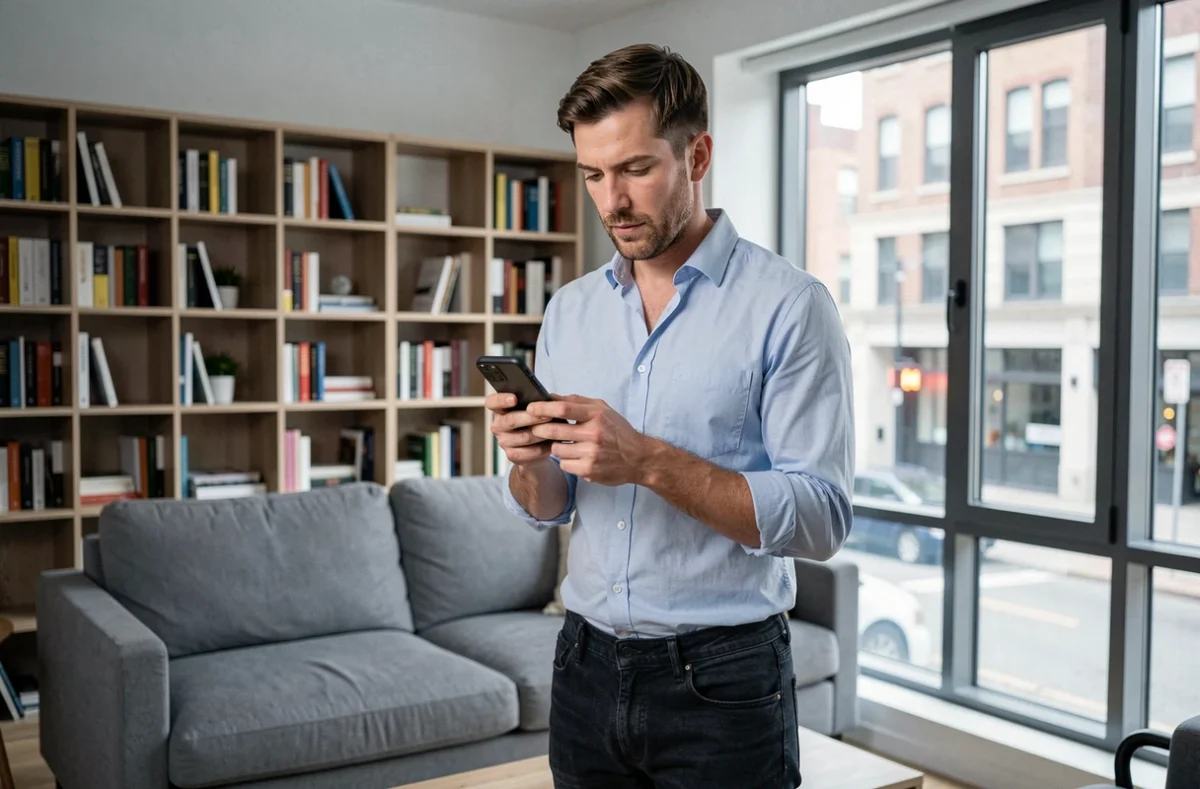 Homme consultant une comparaison d'assurances habitation sur son smartphone dans un salon moderne