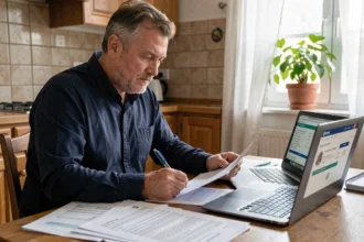 Homme consultant des documents de taxe foncière à sa table de cuisine, cherchant à réduire ou supprimer sa taxe foncière