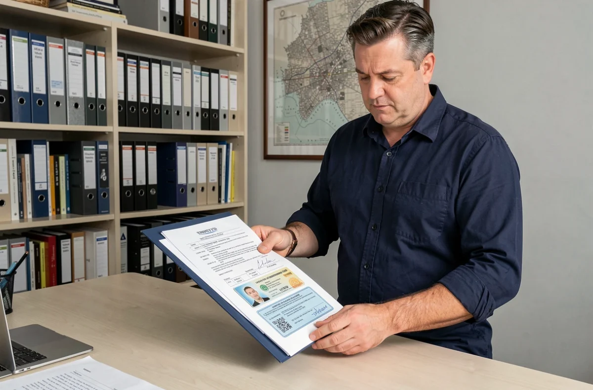 Homme organisant un dossier de documents pour une assurance habitation dans un bureau à domicile