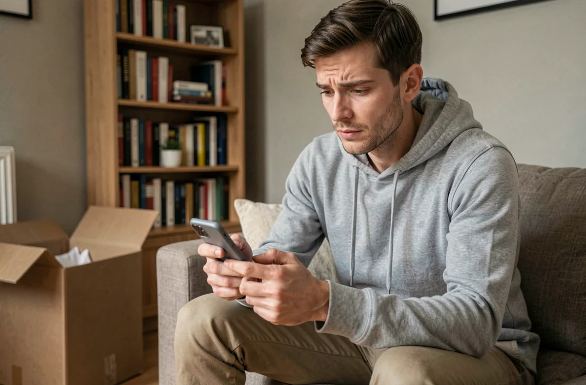 Homme envoyant un message de préavis de déménagement à son propriétaire depuis son canapé avec des cartons visibles dans l'appartement