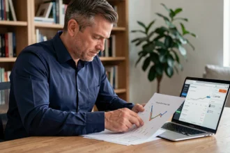 Homme consultant un graphique de taux d'intérêt en baisse sur des documents financiers à son bureau à domicile