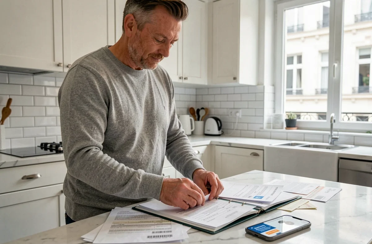 Homme organisant ses justificatifs de domicile dans sa cuisine pour une déclaration fiscale