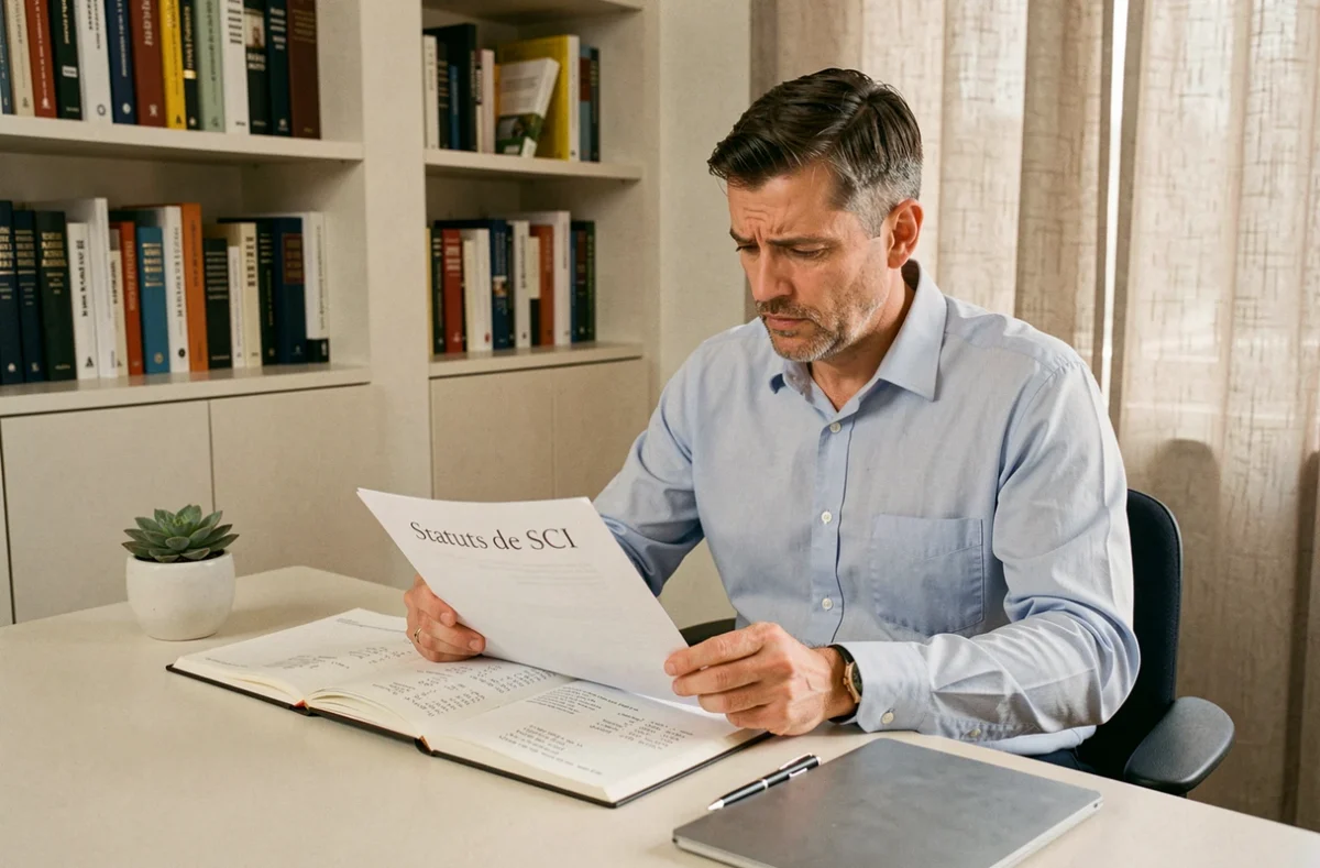 Homme analysant les statuts d'une SCI et calculant l'apport personnel requis pour l'acquisition d'un bien immobilier