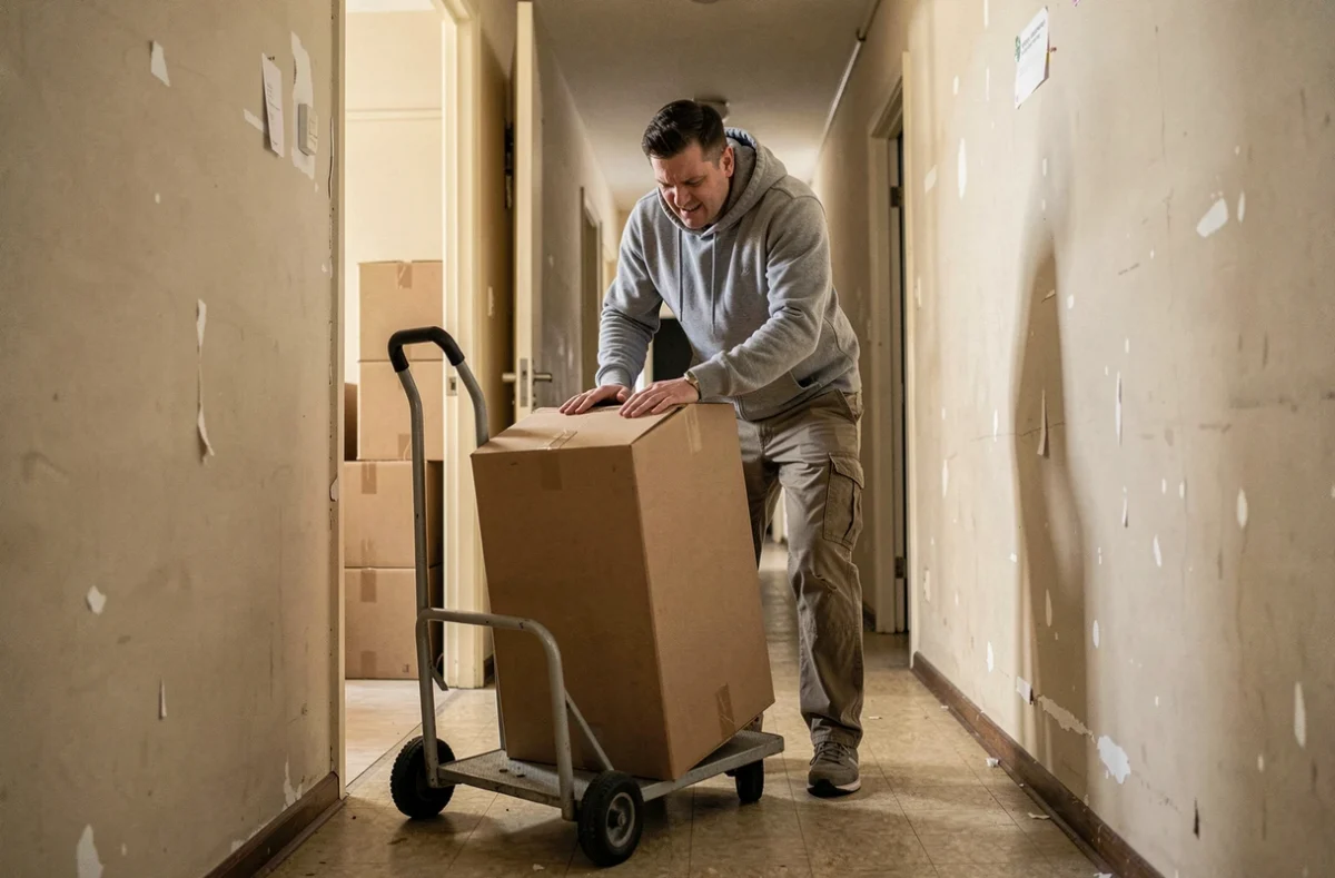 Homme seul déplaçant des cartons lourds avec un diable dans le couloir d'un immeuble lors d'un déménagement