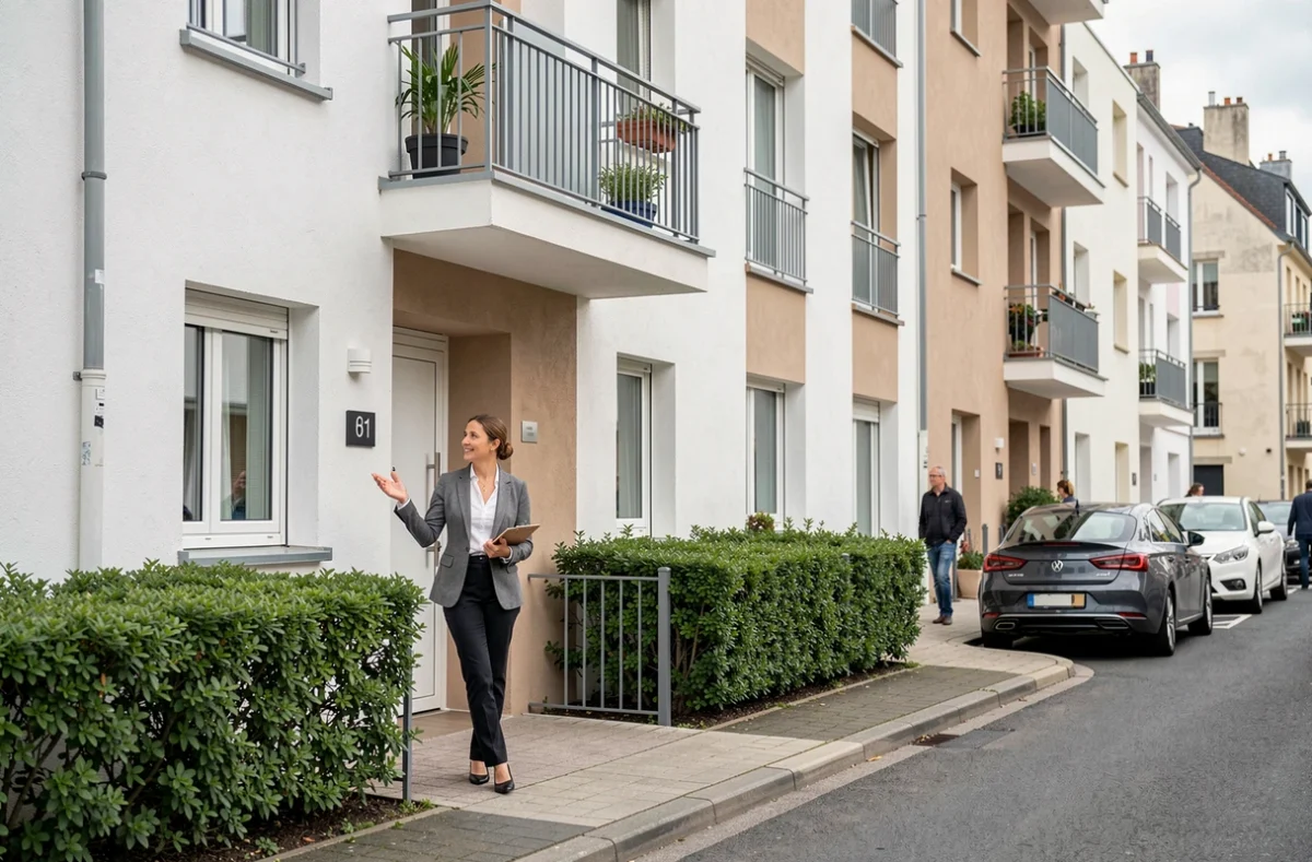 Agent immobilier présentant un immeuble neuf éligible au dispositif Pinel dans un quartier urbain français