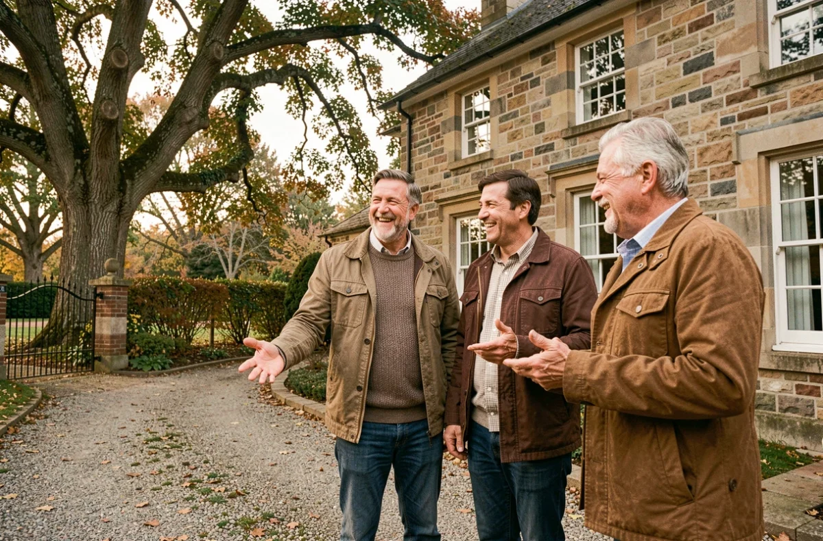Trois héritiers en indivision devant leur maison familiale partagée, illustrant la gestion collective d'un bien immobilier