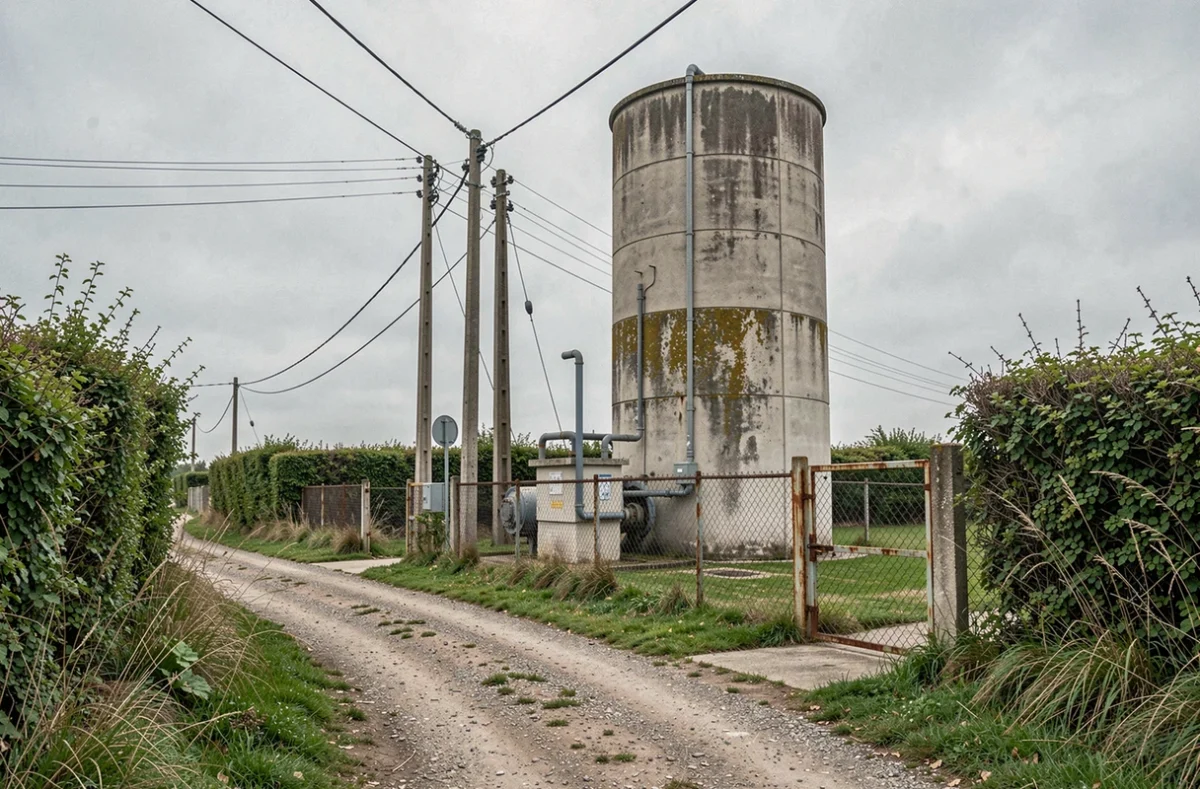 Château d'eau en béton et infrastructures techniques à l'entrée d'un village rural français