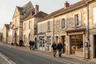 Rue principale d'un village français avec mairie, bureau de poste et épicerie en pierre calcaire