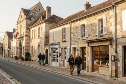 Rue principale d'un village français avec mairie, bureau de poste et épicerie en pierre calcaire