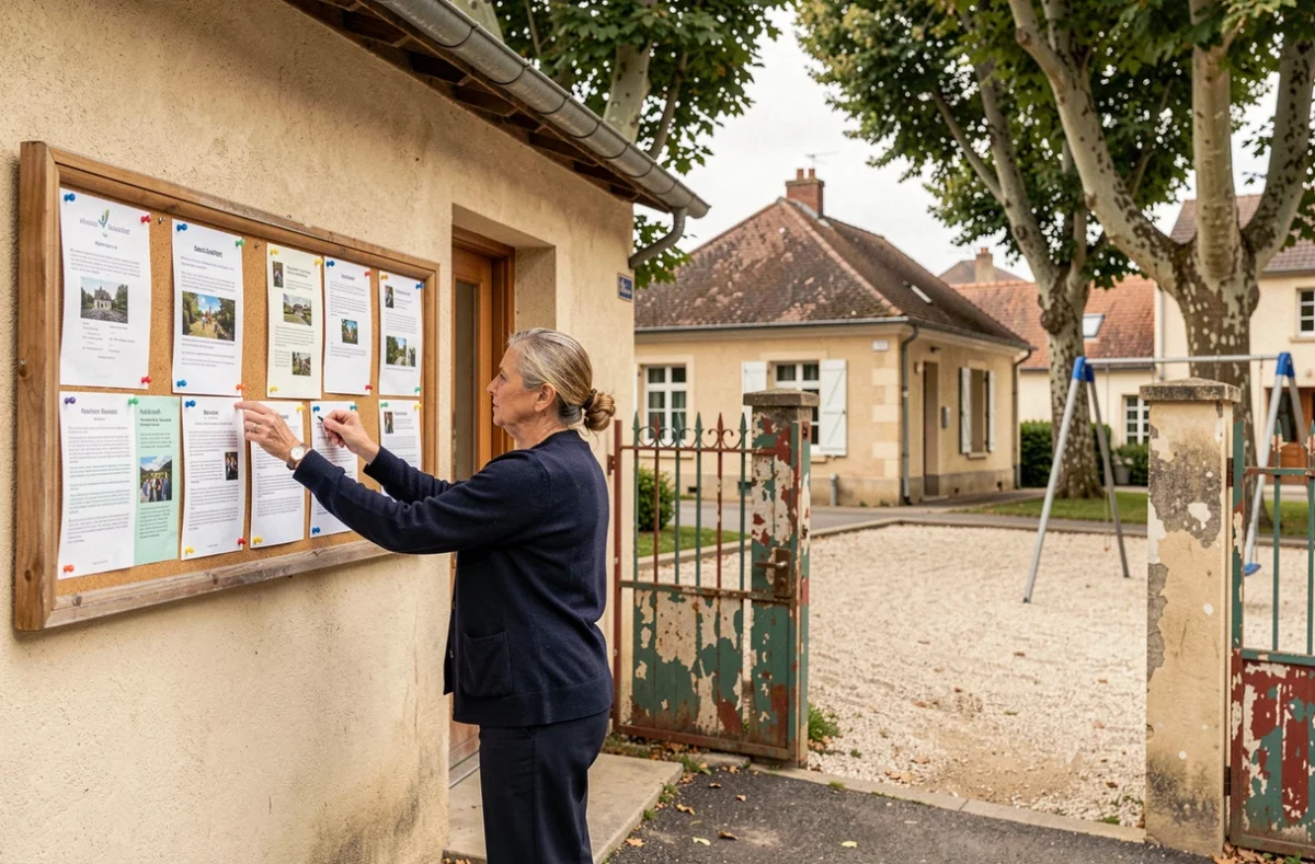 Femme affichant une annonce devant la salle communale d'un village avec école visible en arrière-plan