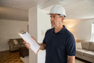 Inspecteur en bâtiment examinant les murs d'une maison lors d'un contrôle de conformité