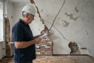 Inspecteur immobilier examinant une fissure structurelle sur le mur d'un appartement vacant