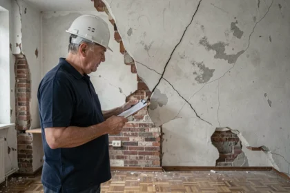 Inspecteur immobilier examinant une fissure structurelle sur le mur d'un appartement vacant