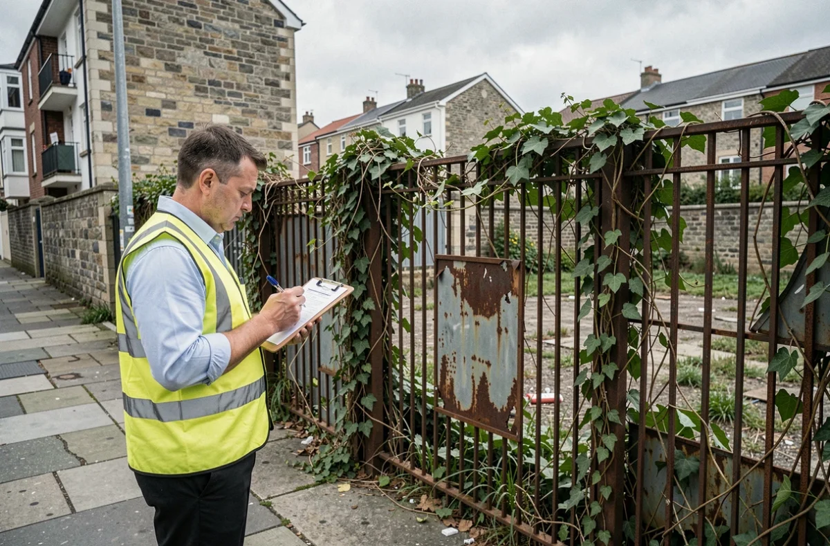 Inspecteur municipal qui contrôle un terrain abandonné et mal entretenu en zone urbaine résidentielle