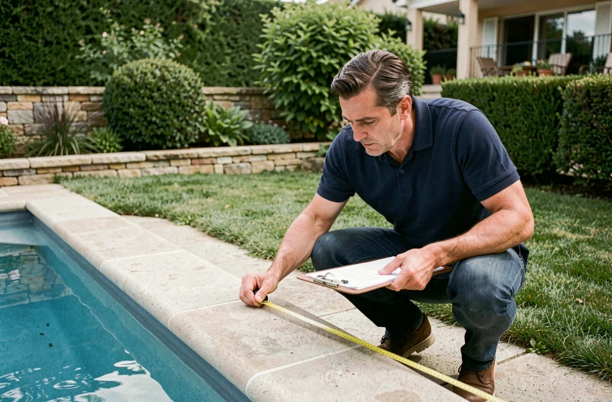 Inspecteur mesurant la distance réglementaire entre une piscine enterrée et le mur de clôture du jardin