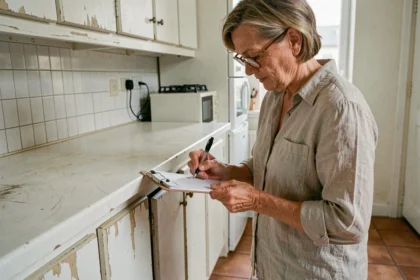 Femme inspectant une cuisine aménagée vieillissante pour évaluer sa vétusté