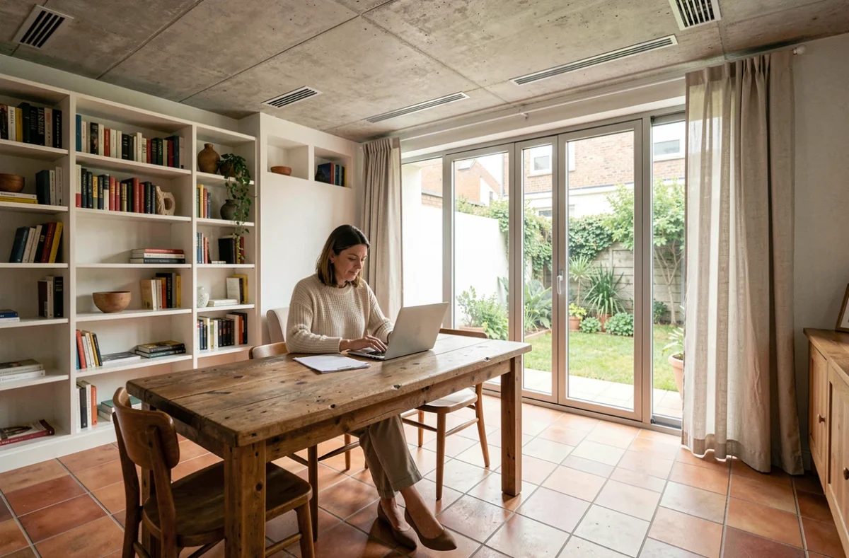 Intérieur lumineux d'une maison bioclimatique en 2026 avec espace de vie ouvert, matériaux naturels et jardin urbain