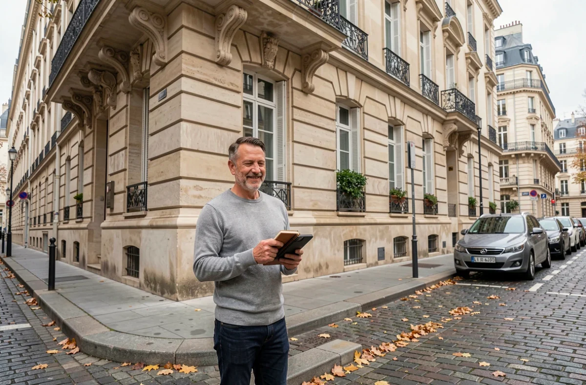 Investisseur immobilier évaluant la rentabilité d'un immeuble haussmannien en ville