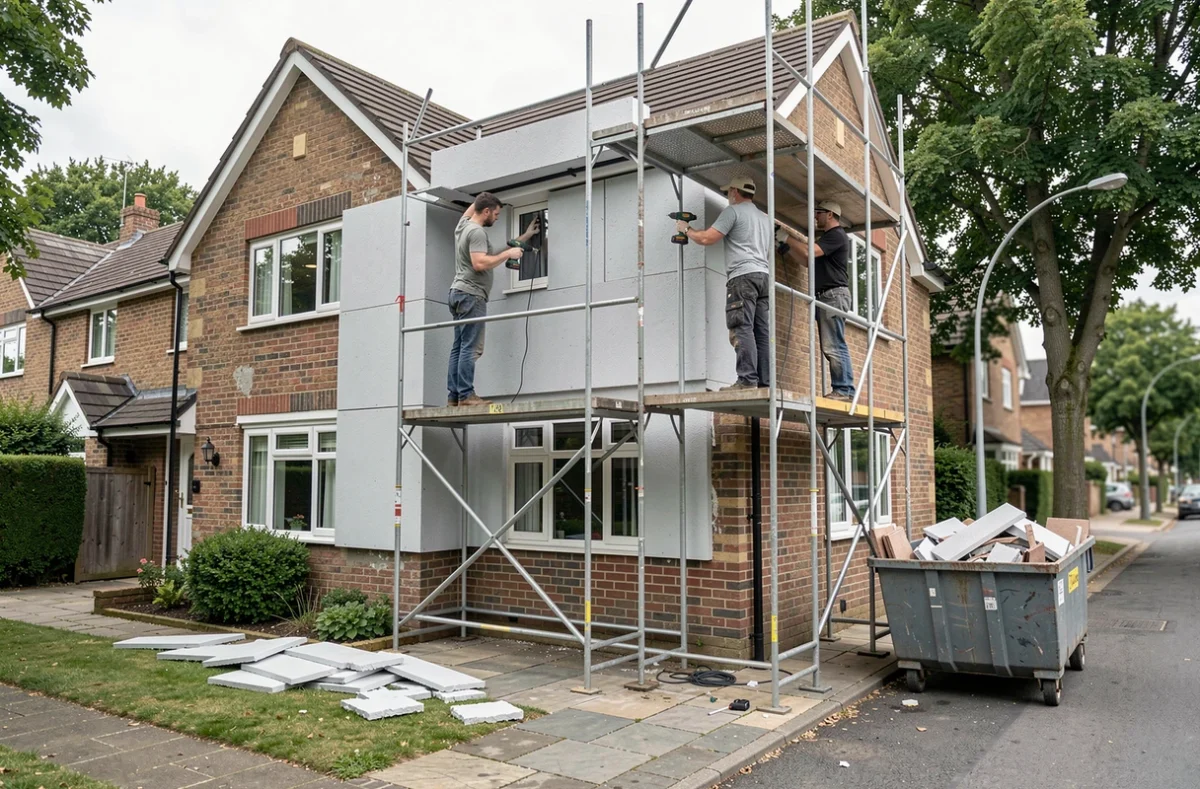 Ouvriers installant une isolation par l'extérieur sur une maison pour améliorer sa performance énergétique et sa valeur