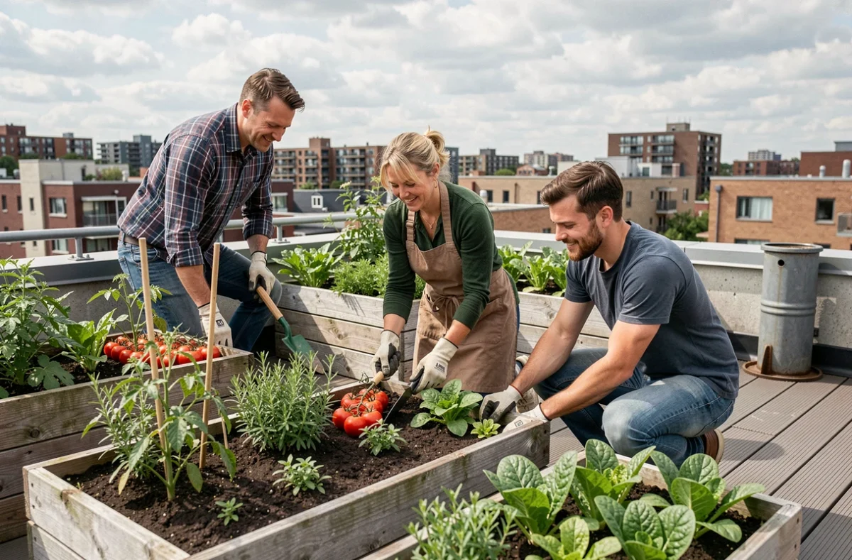 Voisins cultivant un jardin partagé sur le toit d'un immeuble en écoquartier urbain