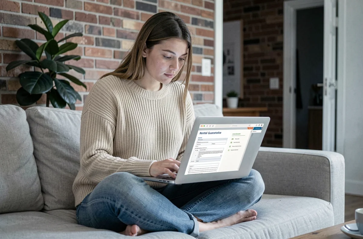 Jeune femme consultant un dossier de caution logement en ligne sur son ordinateur portable