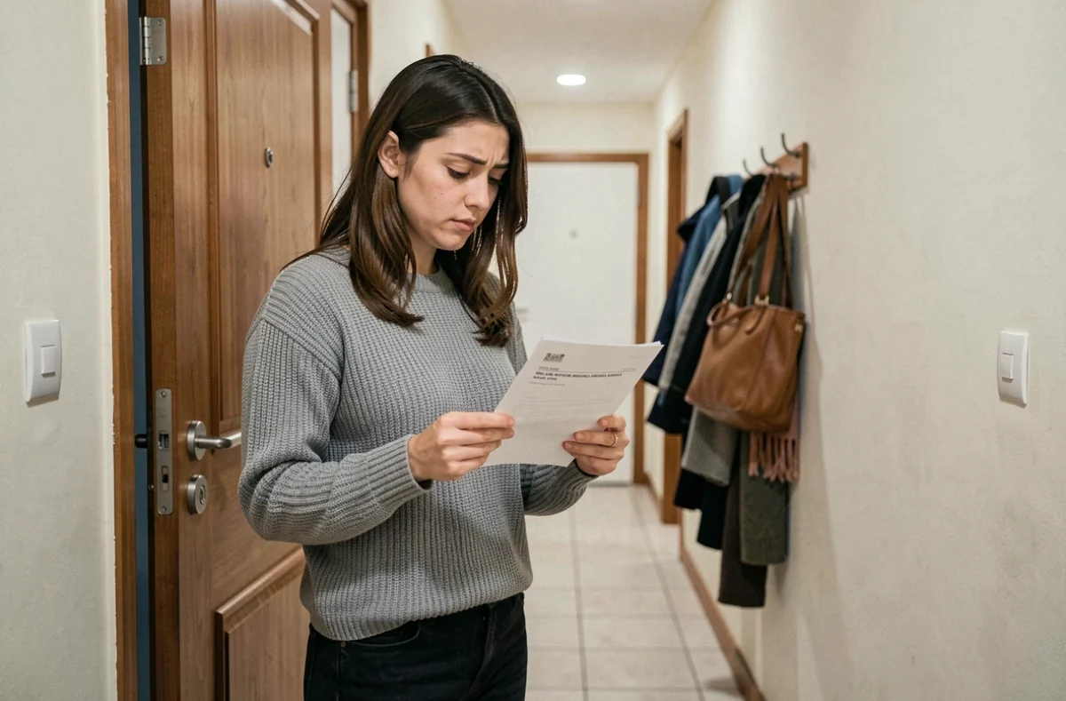 Locataire lisant un avis d'augmentation de loyer dans le couloir de son appartement