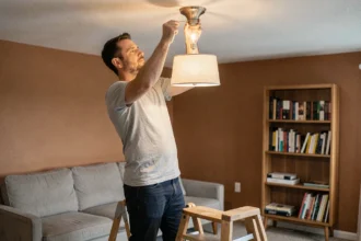 Locataire changeant une ampoule dans un appartement meublé en se tenant sur un escabeau en bois