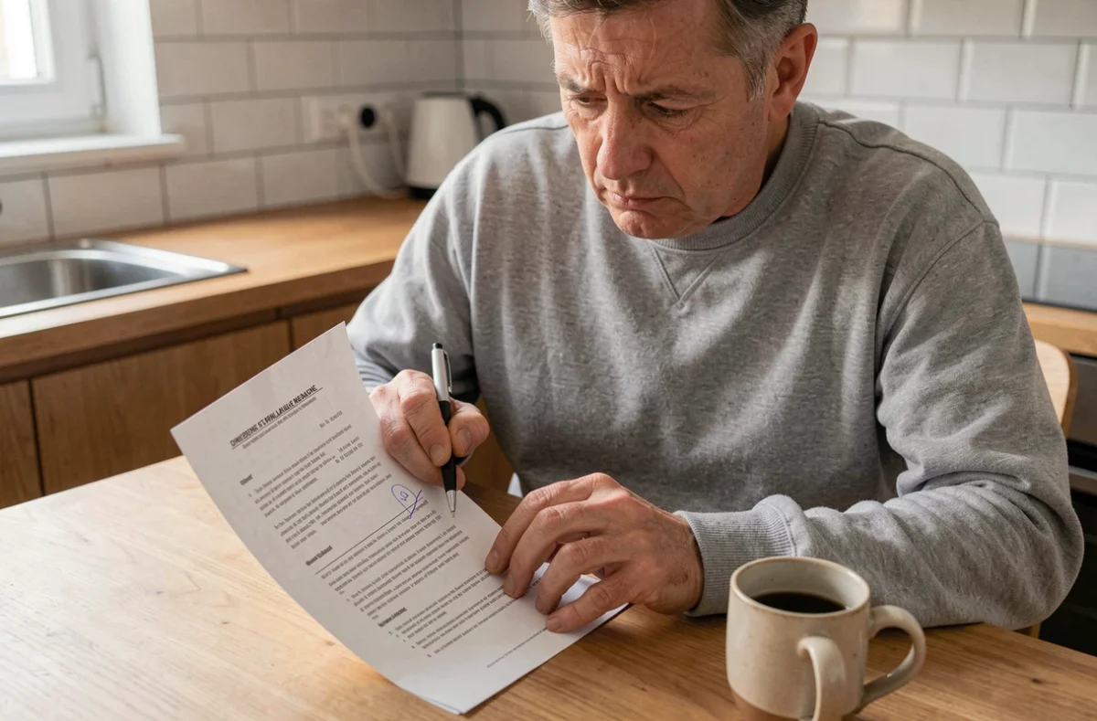 Locataire relisant son contrat de bail à la cuisine pour vérifier les droits d'entrée du propriétaire dans le logement